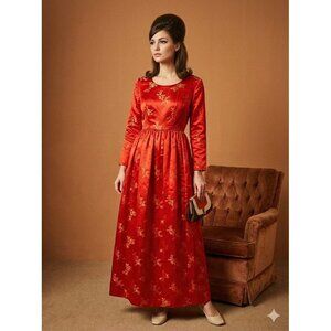Vtg 60s Red Gold Brocade Asian Style Party Dress Long Sleeve Size Medium